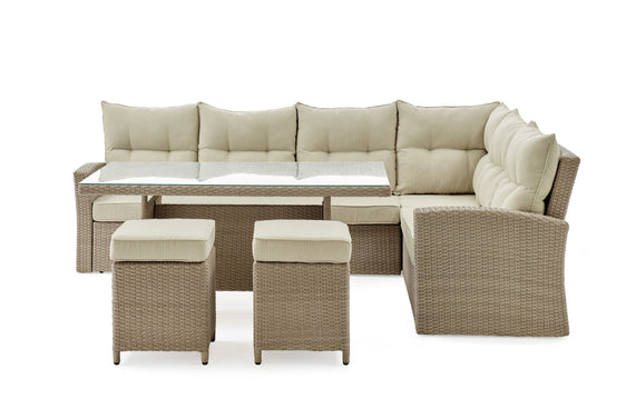 Cream Canaan All-weather Wicker Outdoor Deep-seat Dining Sectional Set with Sofa, Loveseat, 26" Cocktail Table and Two Stools