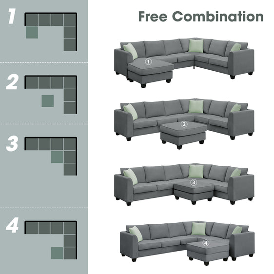 Jordan 3 Piece L Shaped Sectional Sofa with Ottoman and 3 Pillows