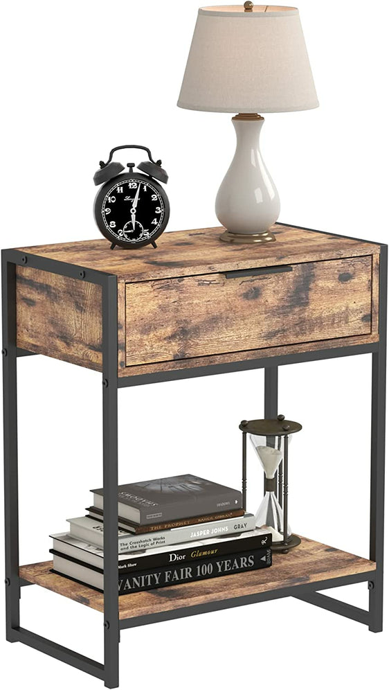 Industrial 2-Tier Nightstand With Drawer And Side Table