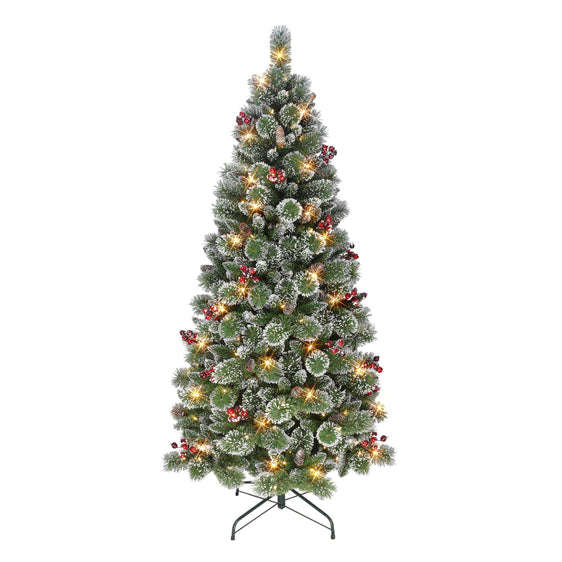 6.5 ft Pre-lit Snowy Valley Pine Artificial Christmas Tree with Warm White LED Lights & Metal Stand