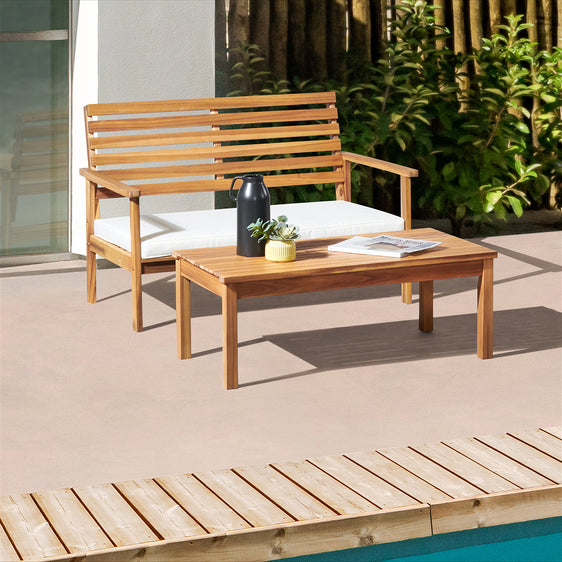 Natural Orwell Outdoor Acacia Wood Bench with Cushion and 15" Cocktail Table, Set of 2