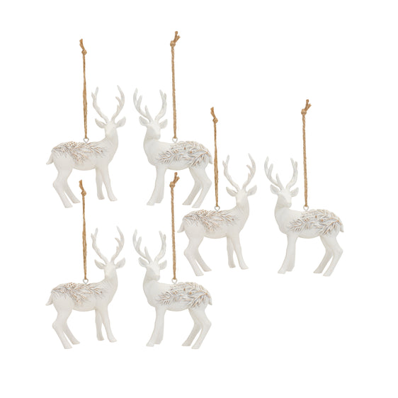 Modern-White-Deer-Ornament-with-Raised-Pine-Design-(set-of-6)-White-Ornaments