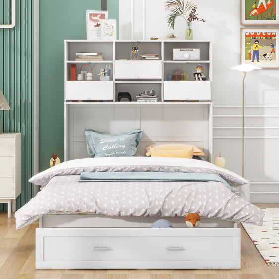 Queen Murphy Bed with Bookcase, Bedside Shelves and Drawer, White