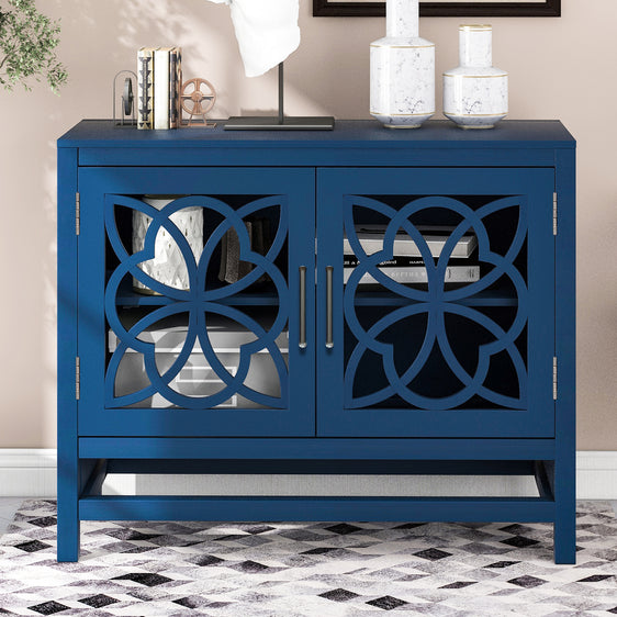 Isla Classic Wood Storage Cabinet with Glass Fretwork Doors and Adjustable Shelf