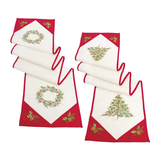 Ribbon-Embroidered-Tree-and-Wreath-Table-Runner,-Set-of-2-Textiles