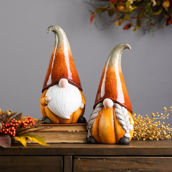 Terra-Cotta-Pumpkin-Gnome-with-Ombre-Hat,-Set-of-2-Fall-Decor