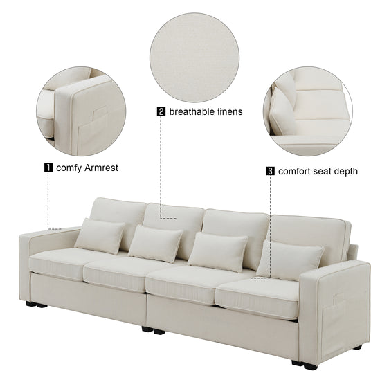 Jared Upholstered Sofa with Armrest Pockets and 4 Pillows