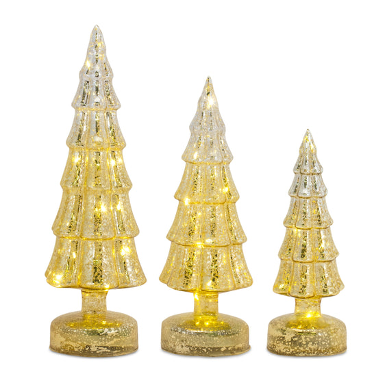 LED-Lighted-Mercury-Glass-Holiday-Tree-Décor,-Set-of-3-Decor