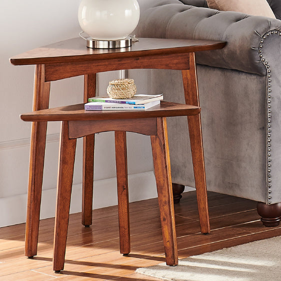 Monterey 40"L Triangular Set of Two Mid-Century Modern Nesting Tables, Warm Chestnut