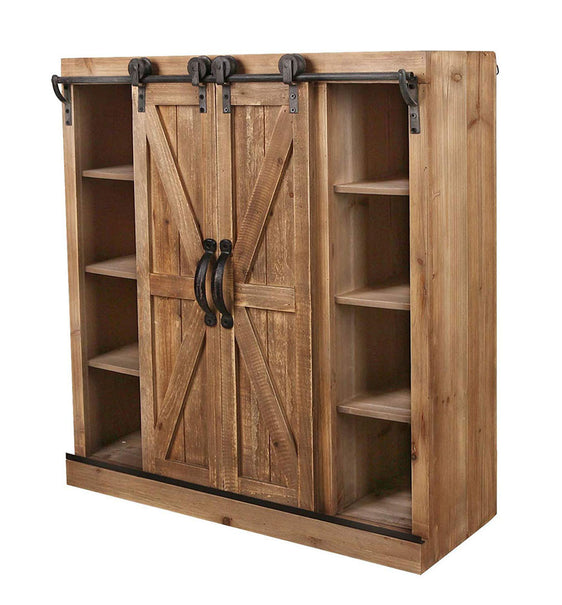 Brown Fir Wood and Metal Barn Door Wall Cabinet