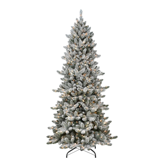 7.5 ft Pre-lit Slim Flocked Royal Majestic Spruce Artificial Christmas Tree with Clear Lights & Metal Stand