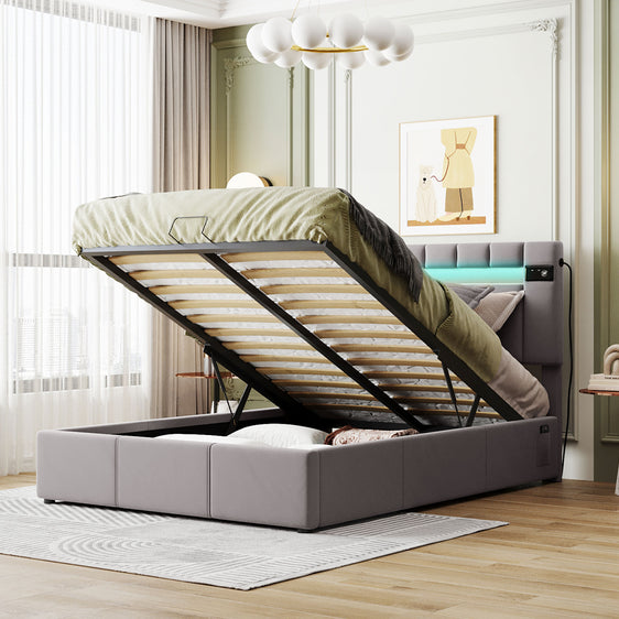 Upholstered Full Storage Bed with LED light, Bluetooth Player and USB Charging