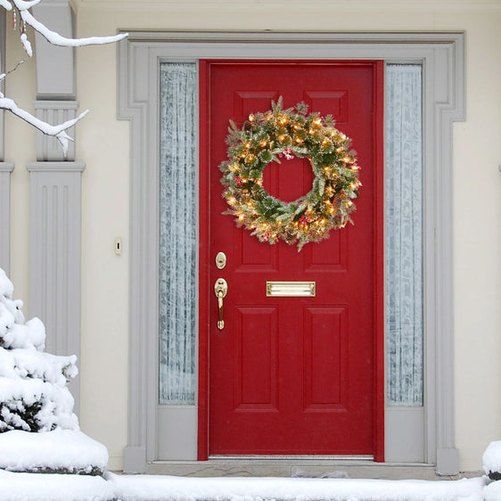 24" Pre-lit Decorated Christmas Wreath with Clear Lights & Pinecones and Red Berries