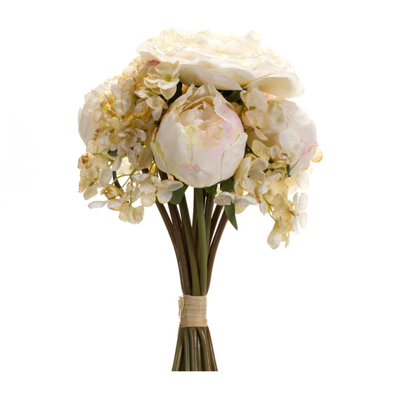 Ivory White Peony and Hydrangea Flower Bouquet, Set of 6