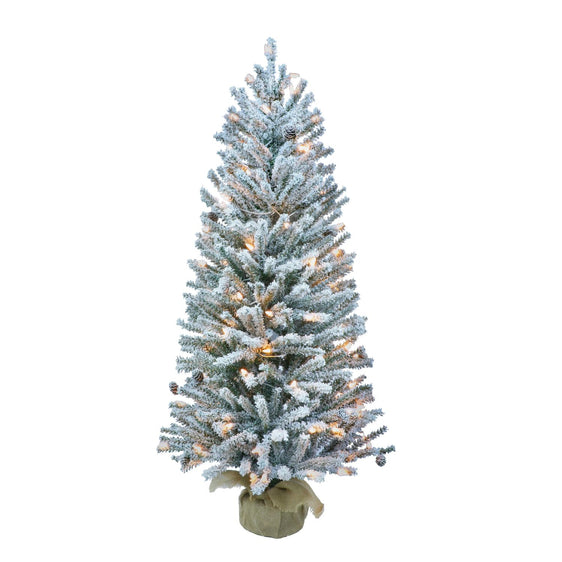 Pre-lit 4 ft Flocked Artificial Christmas Tree with Pinecones, Clear Lights & Burlap Sack Base