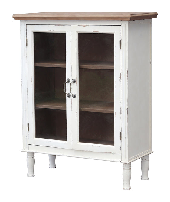 White Distressed Entryway Cabinet with Carved Doors