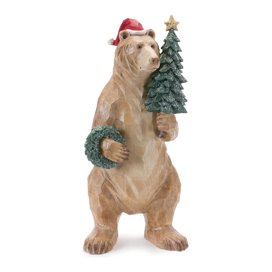 Bear with Pine Tree and Wreath Statue 18.5"