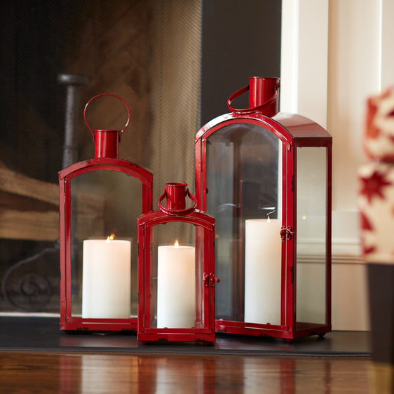 Rustic-Red-Curved-Top-Lantern,-Set-of-3-Lanterns