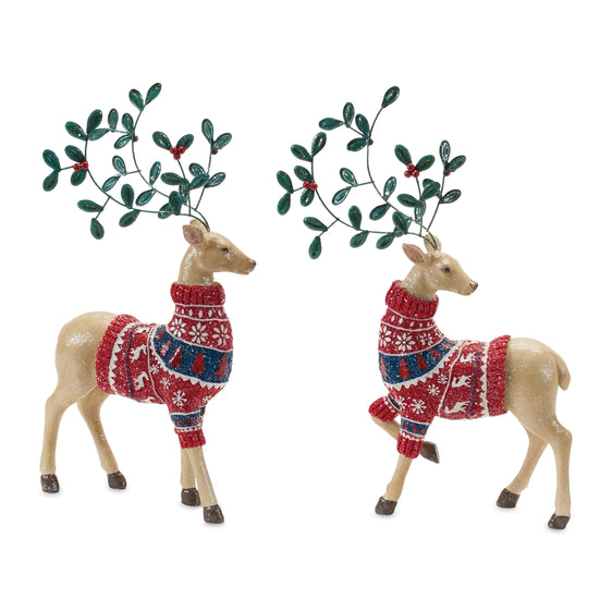 Mistletoe-Antler-Deer-Figurine,-Set-of-2-Christmas-Decor