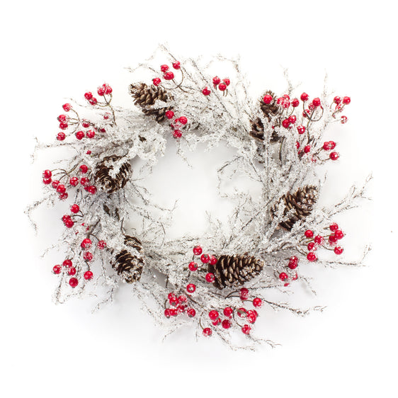 Frosted Snowy Pinecone Twig Wreath with Berry Accents 22.75"