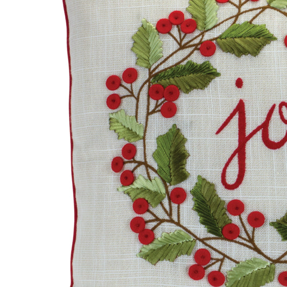 Joy Embroidered Holly Berry Wreath Throw Pillow 15"