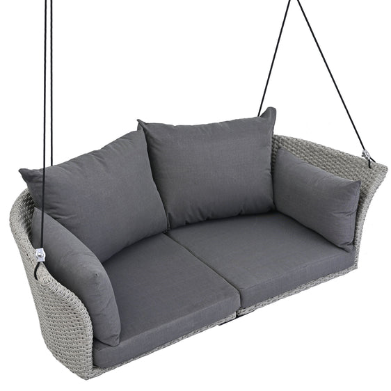 Rattan Woven Swing Chair 2 Seat with Ropes and Cushion, grey