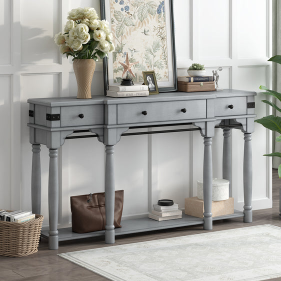 60" Console Table with Storage Drawers and Bottom Shelf for Entryway, Antique Gray