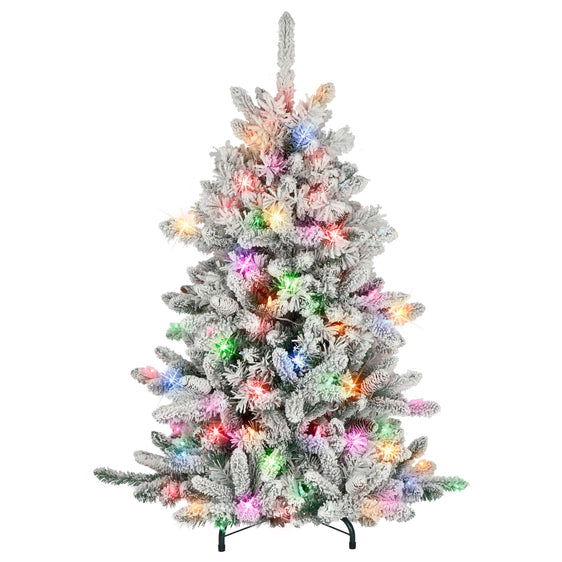 4.5 ft Pre-lit Flocked Bennington Fir Artificial Christmas Tree with Multi-Color Lights & Metal Stand