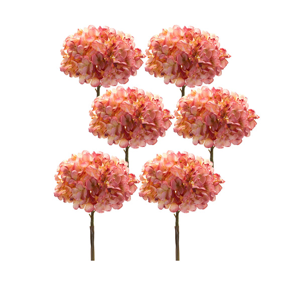 Coral-Pink-Hydrangea-Flower-Stem,-Set-of-6-Faux-Florals