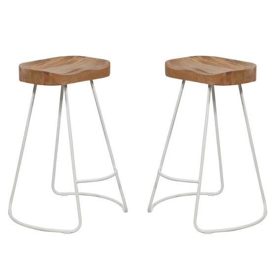 White Metal Saddle Seat Bar Stool Natural Finish, Set Of 2