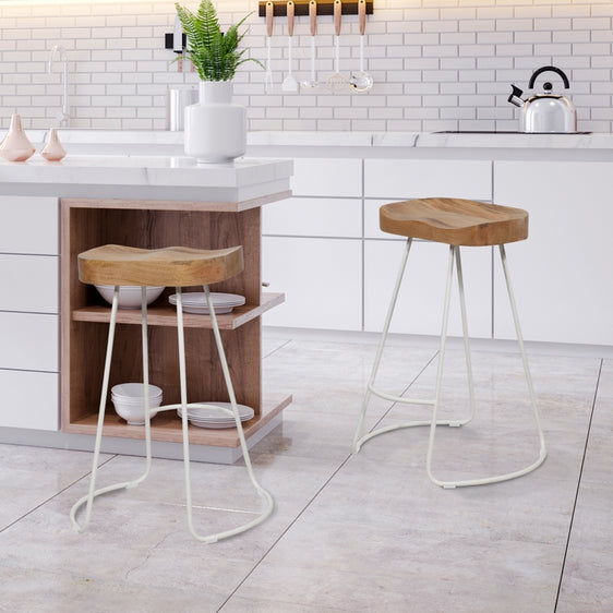 White-Metal-Saddle-Seat-Bar-Stool-Natural-Finish,-Set-Of-2-Bar-Stool