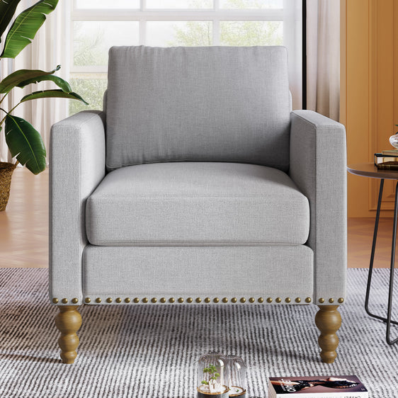 Marlow Light Gray Upholstered Accent Armchair with Square Arms and Bronze Nailhead Trim