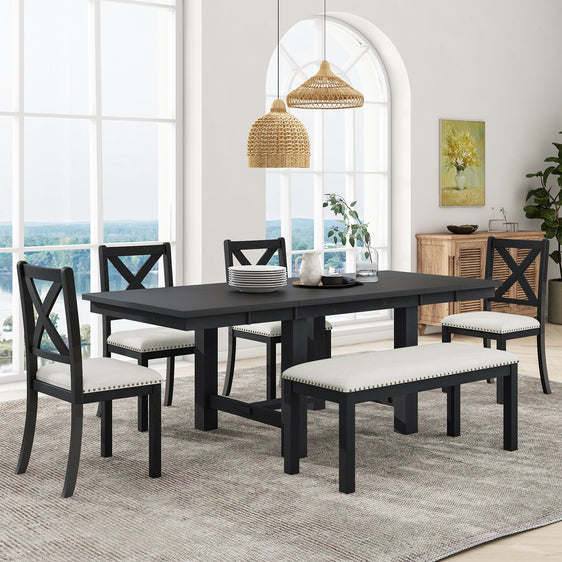 Farmhouse 82" 6-Piece Extendable Dining Table with Footrest, 4 Upholstered Dining Chairs, Dining Bench and Two 11" Removable Leaf