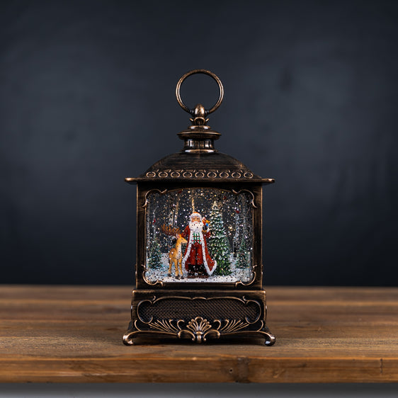 LED Snow Globe Lantern with Santa and Deer 11.25"