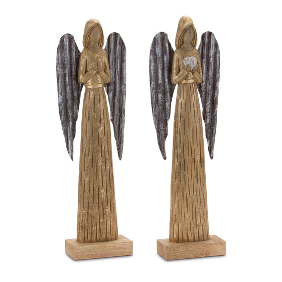 Carved-Wood-Angel-Statue,-Set-of-2-Christmas-Decor