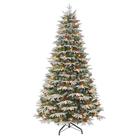 9 ft Pre-lit Flocked Halifax Fir Artificial Christmas Tree with Clear Lights, Pinecones and Red Berries & Metal Stand