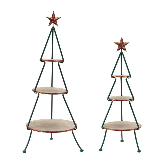 Metal-Tree-with-Wood-Shelves,-Set-of-2-Christmas-Decor