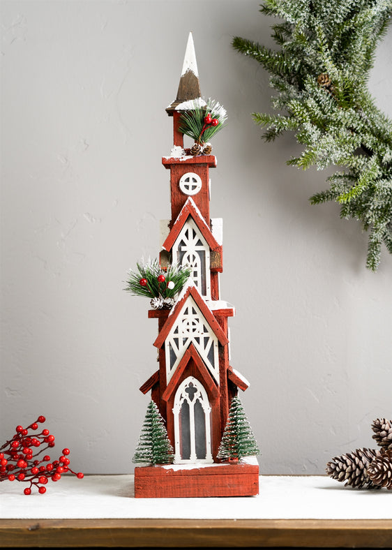 Lighted Winter Church Display with Pine Accents and Snowy Finish 19"