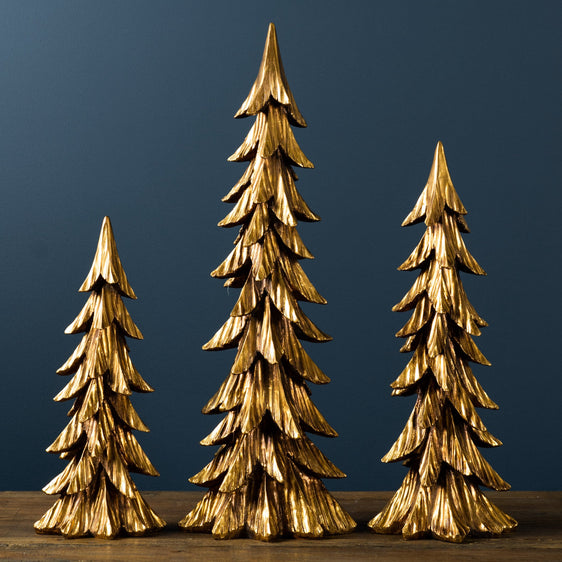 Carved-Stone-Pine-Tree-Décor-with-Gold-Finish,-Set-of-3-Christmas-Decor