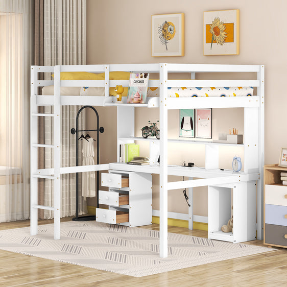 Zanesville Loft Bed with Multi-Storage Desk, LED Light, Bedside Tray and Charging Station