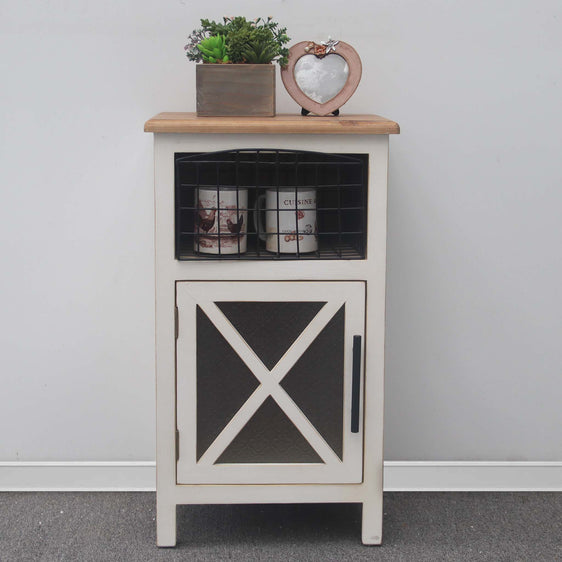 Natural-Wood-Farmhouse-Wooden-Side-Table-with-X-designed-Glass-Door-and-Storage-Basket-End-Tables