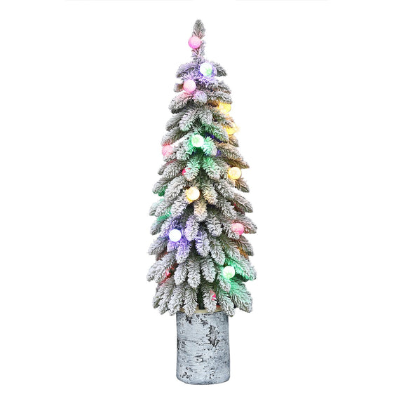 Pre-lit 4 ft Potted Flocked Alpine Artificial Christmas Tree with Dual-Color LED Lights