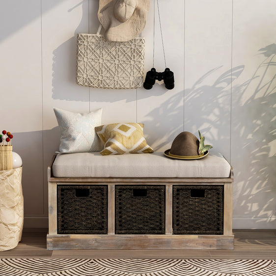 Rustic Storage Bench with 3 Rattan Baskets and Removable Cushion