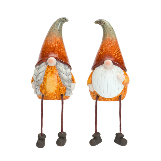 Terra-Cotta-Pumpkin-Gnome-with-Dangle-Legs,-Set-of-2-Faux-Florals