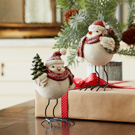 Frosted-Bird-Figurine-with-Santa-Hat-and-Pine-Accent,-Set-of-4-Decor