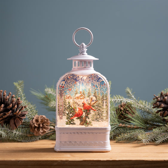 LED Snow Globe Lantern with Cardinal Forest Scene 10.5"