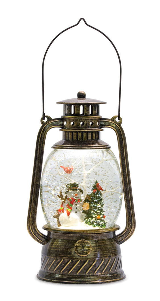 LED Snow Globe Lantern with Snowman and Birds Scene 11"