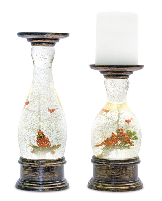 LED-Snow-Globe-Candle-Holder-Pillar-with-Cardinal-Birds,-Set-of-2-Decor