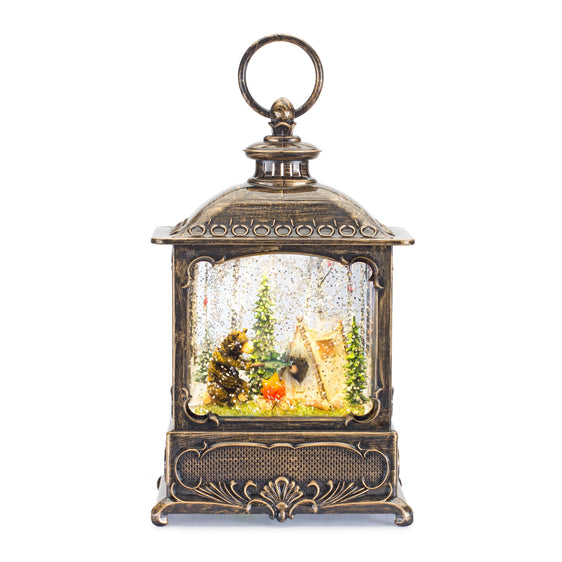 LED Snow Globe Lantern with Bear and Camp Scene 10"