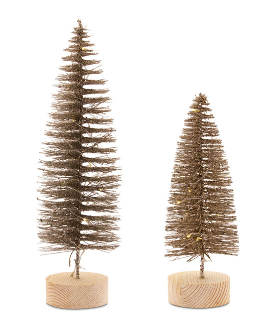 LED Lighted Bronze Bottle Brush Tree with Wood Base, Set of 4